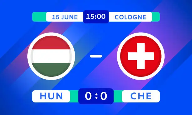 Vector illustration of Hungary vs Switzerland Design Element. Flags Icons with transparency isolated on blue background. Football Championship Competition Infographics. Announcement, Game Score Template. Vector graphics