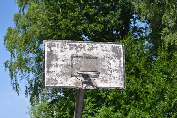 Old basketball hoop on a sunny summer day.