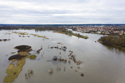Aerial view flooding river Oder, Furstenberg and Eisenhuttenstadt. Flood on the river Oder, Eisenhuttenstadt, Brandenburg, Germany