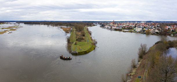 Flood on the river Oder. Aerial view river Oder, Furstenberg and Eisenhuttenstadt