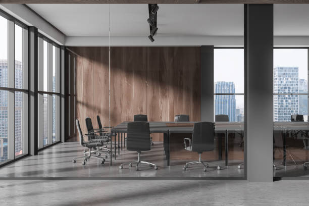 istock Glass office confernce room interior with table and chairs, panoramic window 1932518698