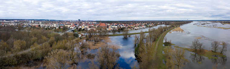 Aerial view flooding river Oder, Furstenberg and Eisenhuttenstadt. Flood on the river Oder, Eisenhuttenstadt, Brandenburg, Germany