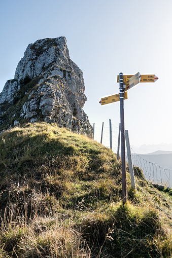 Summit of the Telle, signpost to the Hengst, Schrattenflue, Schibegütsch, Bernese Alps, Emmental, Bern, Switzerland