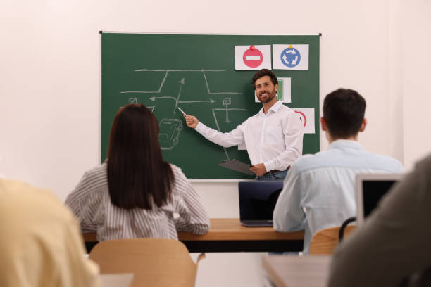 istock Teacher explaining traffic rules to audience during lesson in driving school 1932529791