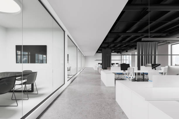 istock Modern office interior with coworking and glass meeting rooms, panoramic window 1932531361