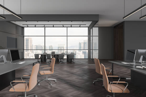 istock Grey office interior with coworking and meeting room, panoramic window 1932534090