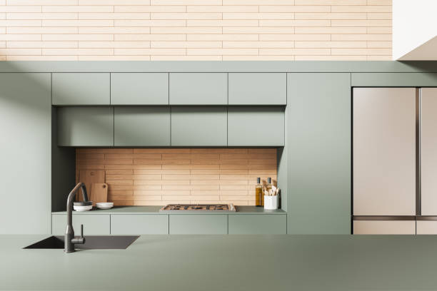 istock Elegant home kitchen interior with bar counter and sink, refrigerator 1932534606