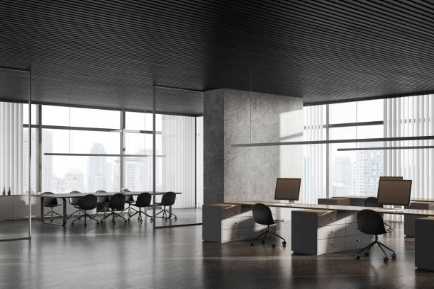 istock Dark office interior with coworking and meeting space, panoramic window 1932535658