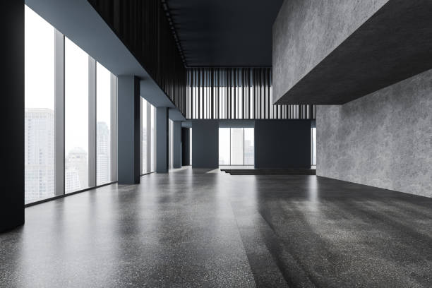 istock Empty gray and wooden office lobby interior 1932536763
