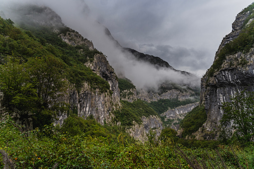 Fog on the slopes of the mountains, a beautiful mountain landscape in cloudy moody weather