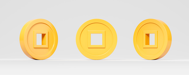 Set of three Chinese traditional circular golden coins or cash with square hole in the center, so called qian, from different angles. Feng shui Good luck coins. 3d render illustration