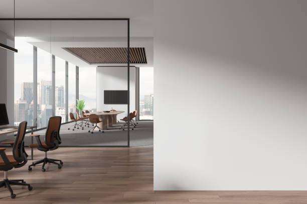 istock Office business interior with coworking and conference room, window. Mockup wall 1932564010