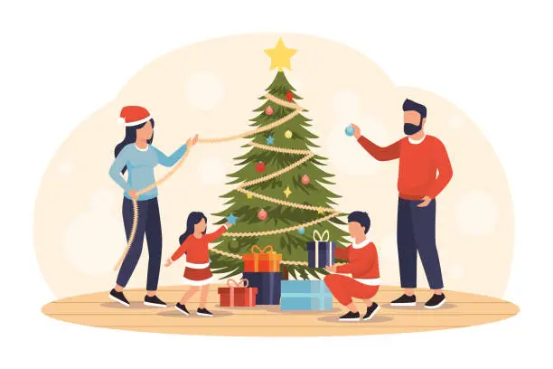 Vector illustration of The family decorates the Christmas tree and prepares for Christmas and New Year. Festive holidays. Christmas of families.