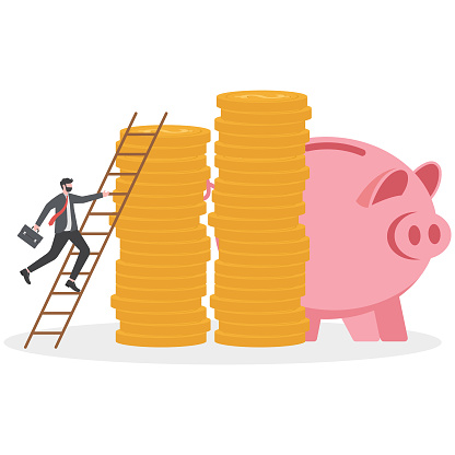 Ladder of success in financial target, career path income achievement or investment for retirement concept, young businessman climbing the ladder to top of stack of money coins rich and wealthy goals.