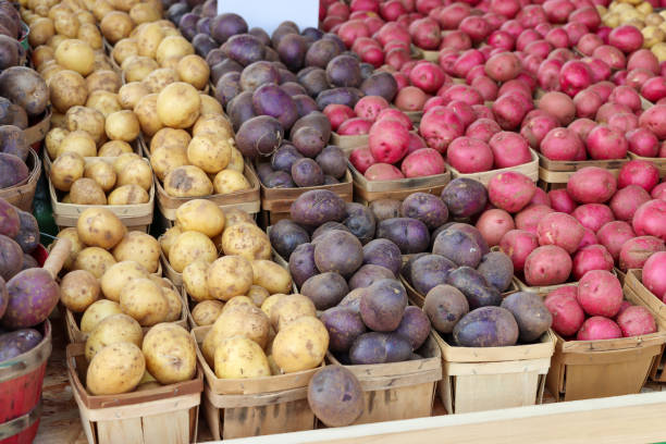 Colorful baskets of potatoes