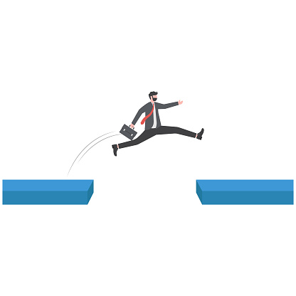 Determination and bravery to overcome obstacle and achieve business success, career challenge or motivation to win competition, determined businessman jump over bridge gap to achieve business target.