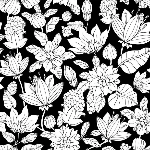 Vector illustration of Blooming pattern. Black and white Plant background