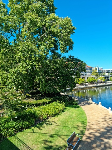 Beautiful waterfront area in East Perth lined with cafes, restaurants and apartments