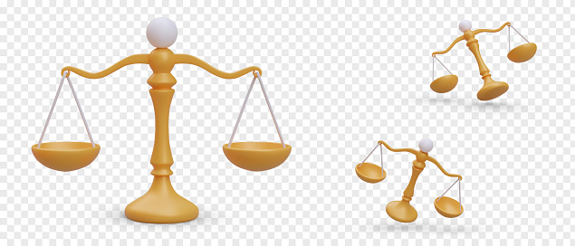 Realistic golden balancing scales. Symbol of judgment, weighted verdict. Justice system. Set of isolated colored vector images. Icons for legal website, application