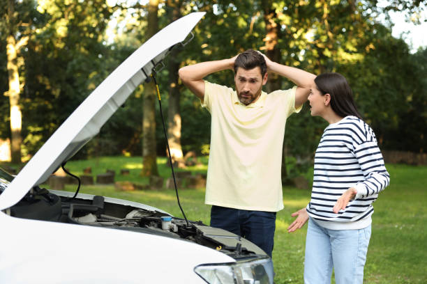 istock Stressed couple near broken car outdoors on summer day 1932631231