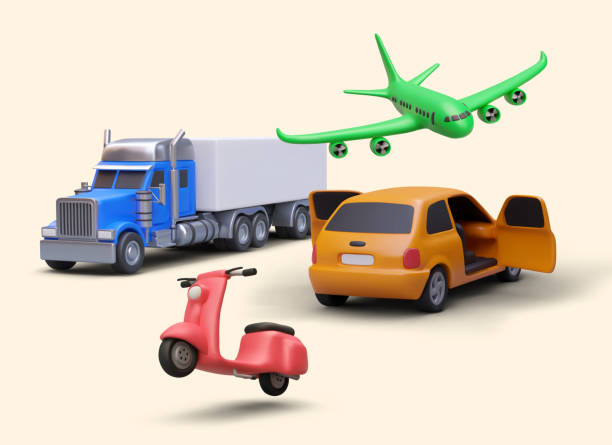 istock 3d different transportation for travel and delivery. Orange car with open doors, red scooter 1932641908