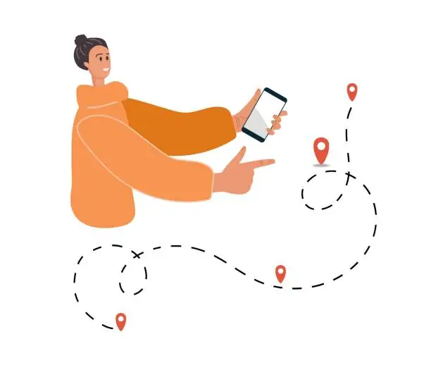 Vector illustration of Navigator. Girl is looking for destination on mobile phone. Destination on map. Traffic route. Using Mobile Phone. Location Tracking App on Smartphone. Mobile gps navigation Flat vector illustration.