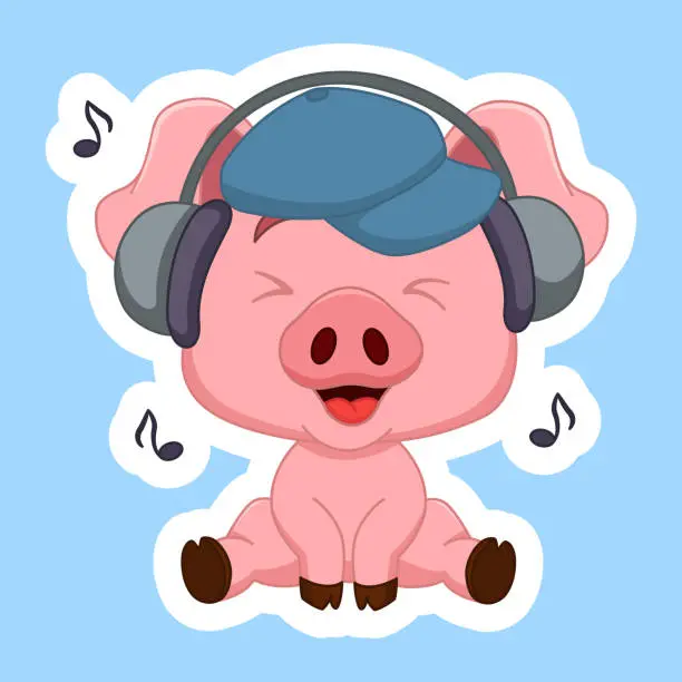 Vector illustration of Sticker. Funny Little Pig Listens to Music. Large Headphones, Hat, and Musical Notes. Vector Illustration of a Cute Cartoon Character