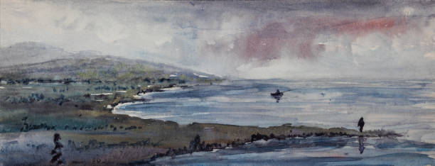 istock Man silhouette standing on pond, sea shore with distant mountain and overcast sky. Mood landscape hand watercolor painting 1932648855
