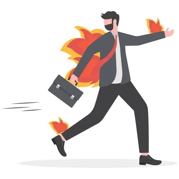 Vector illustration of Business deadline, rush hour situation or in hurry to complete work concept, overworked businessman running on fire.