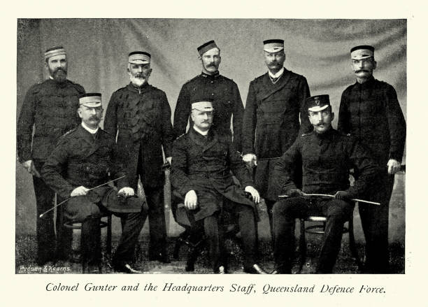 australská armáda, plukovník howel gunter a štáb queenslandských obranných sil, vojáci, vojenská historie, 19. století 1990. století - austrálie fotky stock ilustrace