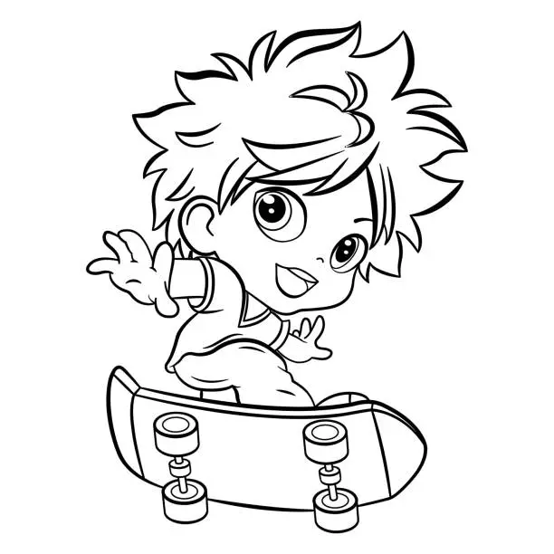 Vector illustration of Funny Chibi Boy On Skateboard for Coloring Page. Vector Illustration Cartoon Character Anime