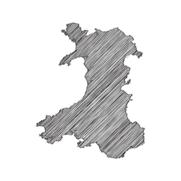 白い背景にウェールズの黒い絵、鉛筆スケッチの落書き地図。ベクトル図eps10 - wales cardiff map welsh flag点のイラスト素材／クリップアート素材／マンガ素材／アイコン素材