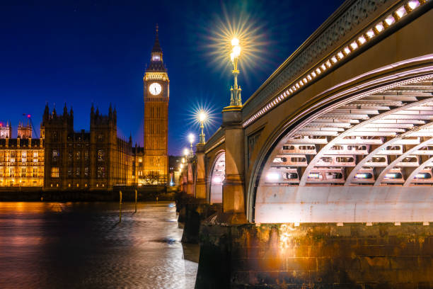 London at night Westminster Bridge Thames river England
