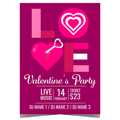 Valentine's Day party invitation to celebrate the Feast of Saint Valentine in romantic ambiance at disco dance club. Valentine's Day celebration poster or banner with a heart and perfect key for it.