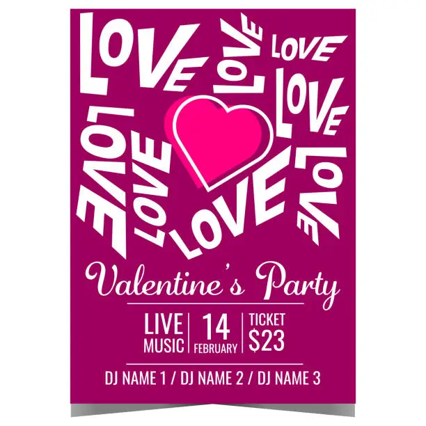 Vector illustration of Valentine's Day party poster with pink heart in the middle surrounded by the word Love.