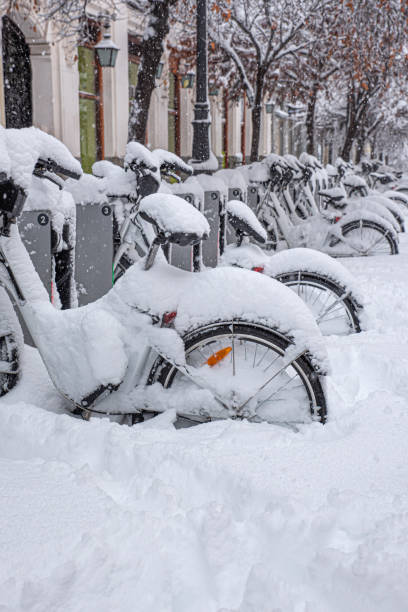 Snow-covered bicycles on a winter's day