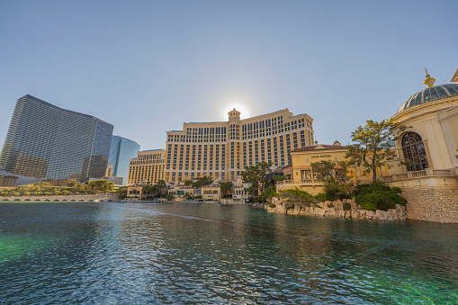 Las Vegas. USA. 09.25.2023. Breathtaking view of Bellagio casino hotel with artificial water feature for fountain show.