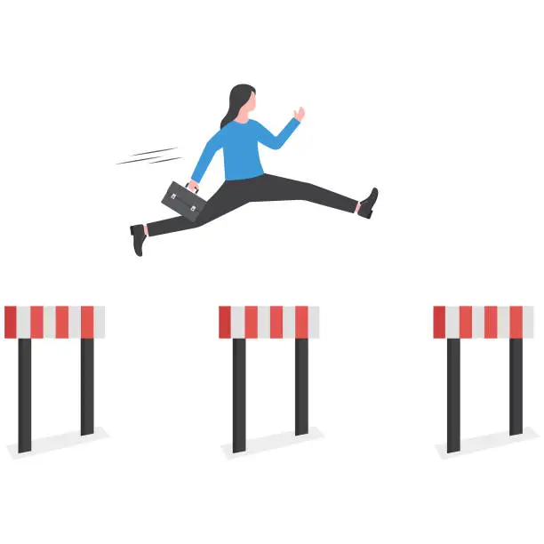 Vector illustration of Business Woman jumping over hurdles. concept overcoming obstacles and achieving the goal
