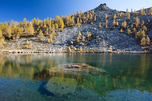 It is a sunny autumn day in the Mont Avic National Park. The larch trees have already changed colour and are reflected in the green waters of a glacial lake.