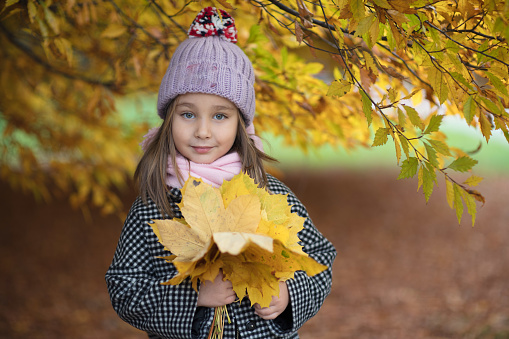 A young girl in a pink hat holds a bunch of autumn leaves smiling and looking at the camera.