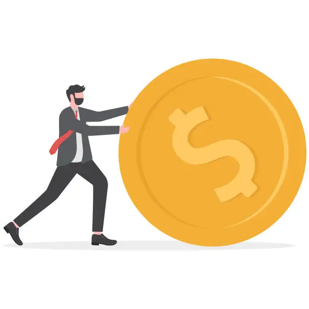 Vector illustration of Businessman pushing large golden coin. Growth, income, savings,investment. Symbol of wealth. Business success.