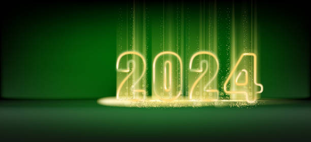 istock 2024 Happy New Year shining light sparkles, green background. Gold numbers decoration and glow light effect 1932737975
