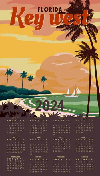 Vector illustration of Calendar 2024 Retro Wall Poster Key West Florida Beach