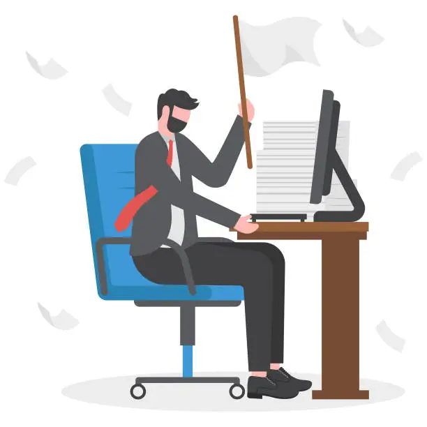 Vector illustration of Give up or surrender on business battle, time to quit or stop failed company concept, sad businessman waving white flag metaphor of surrendering or giving up on work and business.