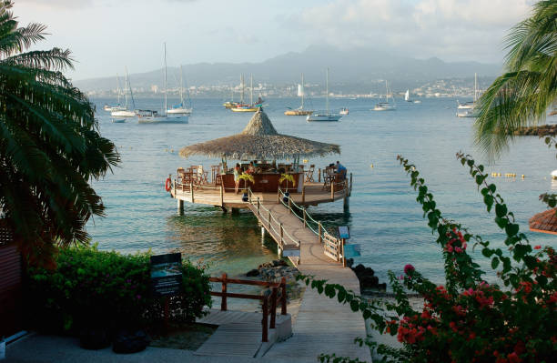 Martinique, Les trois-Ilets - novembre 23, 2023 : Tourists having a drink on an outddor bar over the caribbean sea near the beach of La Pointe Du Bout, with the city of Fort-De-France and Mt Pelé in background