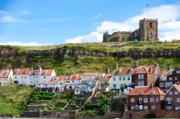 An image of Whitby, England, capturing the essence of this picturesque seaside town with its historic charm and maritime heritage. Known for its dramatic cliffs, the ruins of Whitby Abbey, and the quaint harbour, Whitby epitomises the beauty and character of the Yorkshire coast.