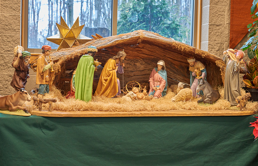 Church of the Resurrection: Solon, Ohio USA\nCatholic - Christmas nativity scene/display with baby Jesus in manger, shepherds, animals, Joseph & Mary.