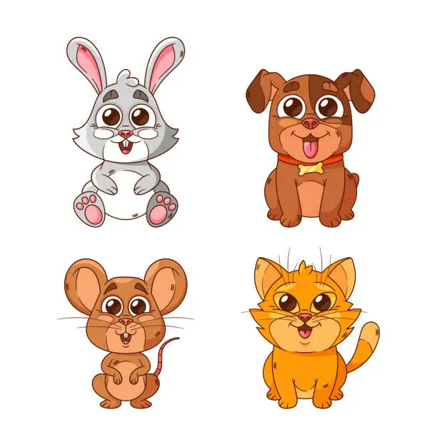 Vector illustration of Cartoon Pets, Cat, Dog And Mouse With Bunny Cuddly Adorable Animals, Each With A Unique Charm, Bring Joy