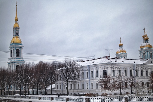 View of the St. Nicholas Naval Cathedral in St. Petersburg in winter