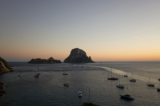 Ibiza, Spain - August 31, 2023 : View of Es Vedra island from Cala d'Hort